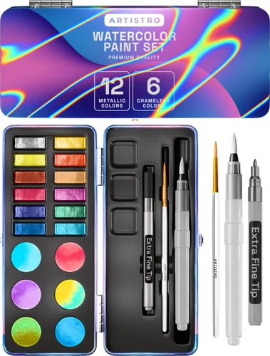 Miniatura 13 de ARTISTRO Juego de pintura de acuarela de 50 colores, kit de arte de pintura portátil con paleta y bolígrafos de pincel, juego de acuarela de viaje