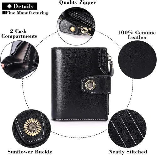 Miniatura 4 de FALAN MULE - Cartera pequeña plegable para mujer de cuero genuino, compacta, con bloqueo RFID, Negro), 5206
