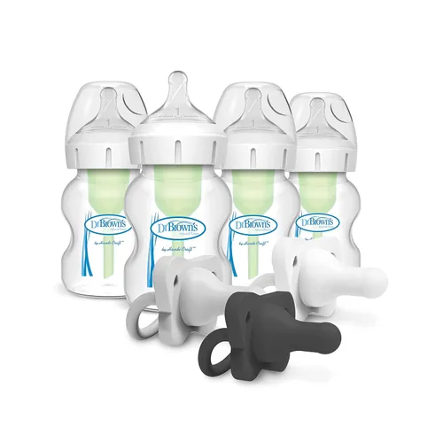 Dr. Brown's Natural Flow® Anti-Colic Options+™ Biberón de cuello ancho, 5 oz/5.1 fl oz, pezón nivel 1, paquete de 4, 0.0 ft+ con HappyPaci chupete
