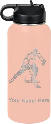 Miniatura 73 de LaserGram Botella de agua personalizada, jugador de hockey, acero inoxidable de doble pared aislada al vacío con popote superior, regalo grabado
