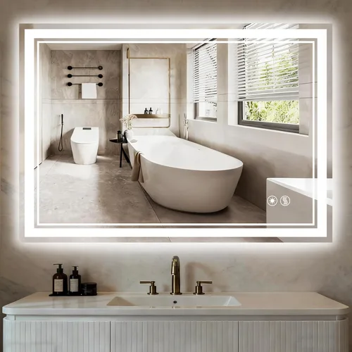 Miniatura 11 de Espejo LED de 48 x 28 pulgadas para baño, espejo de baño sin niebla, con luces LED, regulable, 3 colores, luces delanteras y retroiluminadas, espejo