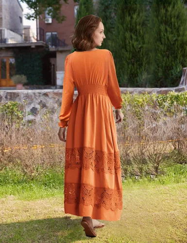 Miniatura 96 de Vestido largo de encaje para mujer de manga corta y cuello en V, vestido de fiesta estilo bohemio con cintura fruncida, vestido bohemio para mujer