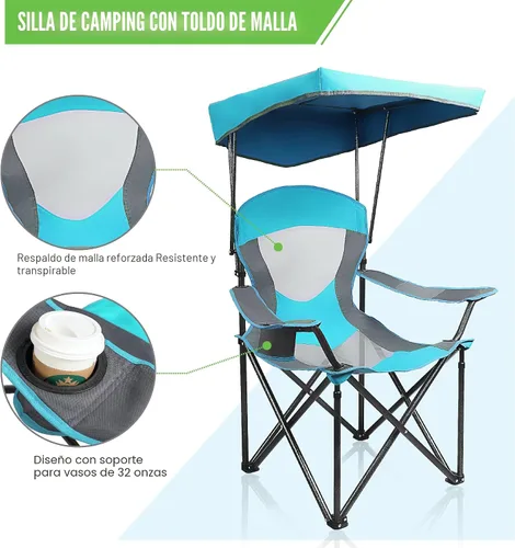 Miniatura 4 de ALPHA CAMP Silla de Salón con Toldo de Servicio Pesado Sombrilla Silla de Viaje para Senderismo con Portavasos Azul Esmalte