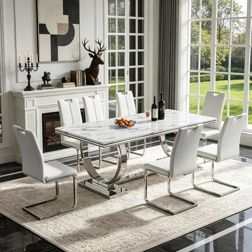 Miniatura 34 de 5 Piece Black Marble Dining Table Set for 4, Modern Faux Marble Kitchen Dining Room Tables with 4 Leather Chairs Set, 68.11" Luxury Rectangular