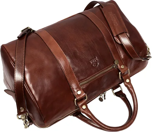 Miniatura 4 de Bolsa de lona pequeña de cuero de grano completo, bolsa de gimnasio para fin de semana unisex, color marrón, resistencia al tiempo, Marrón