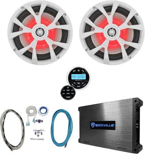 Rockville Paquete RKL80MW: (2) altavoces marinos blancos RMS de 8 pulgadas de 900 vatios de 900 vatios/200 vatios, amplificador DBM25 clase AB de 2