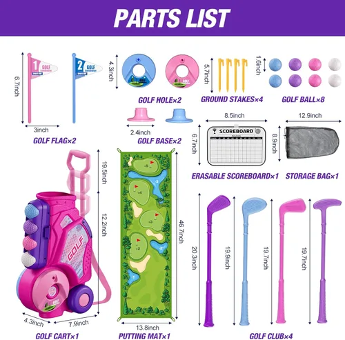 Miniatura 8 de HYES Juego de Golf para Niños Pequeños de 2-4 Años, Club de Golf para Niños con 8 Pelotas, 4 Palos de Plástico, Tapete de Putting, Marcador, Bolsa