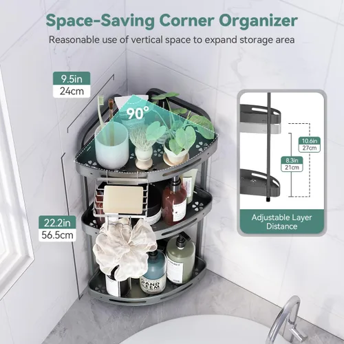 Miniatura 5 de Organizador de ducha esquinero de pie, organizador de ducha a prueba de óxido de 3 niveles con soporte para jabón, soporte de ducha de aluminio