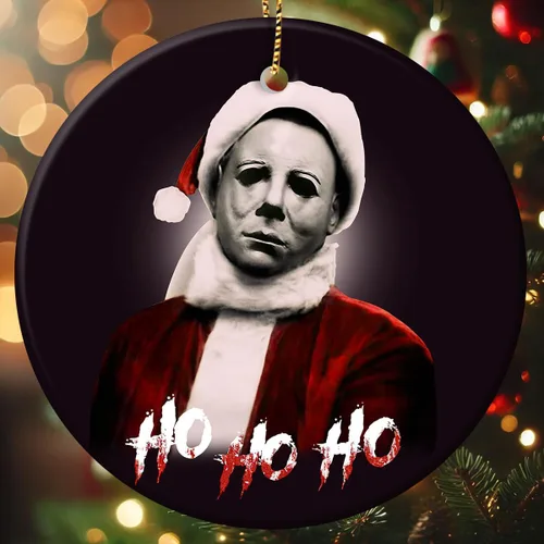 Miniatura 8 de Adornos Colgantes de Navidad Ho-Ho-Ho de 2 Lados Impresos 2025, Regalos de Terror de Navidad para Amantes de las Películas, Adorno de Cerámica