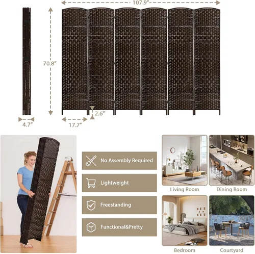 Miniatura 7 de Divisor de habitación plegable de 6 pies con fibra tejida de diamante, divisores de habitación portátiles para interiores y separadores para Marrón