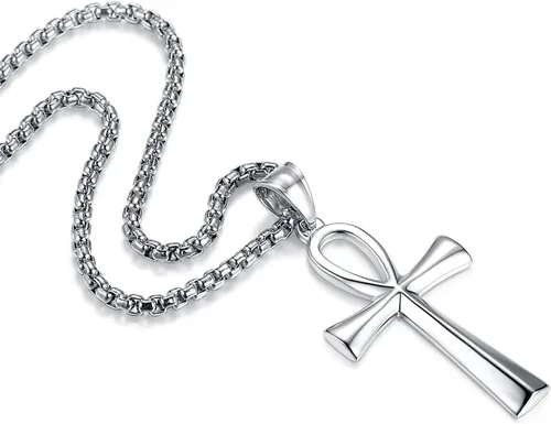 Miniatura 24 de Reve Collar con colgante religioso de cruz de Ankh copta de acero inoxidable para hombres y mujeres, cadena de 20 a 24 pulgadas