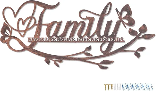 AUHOKY Letrero de Palabras de Metal para Pared "Family Where Life Begins Love Never Ends", Decoración de Pared Negra para el Hogar, Decoraciones de