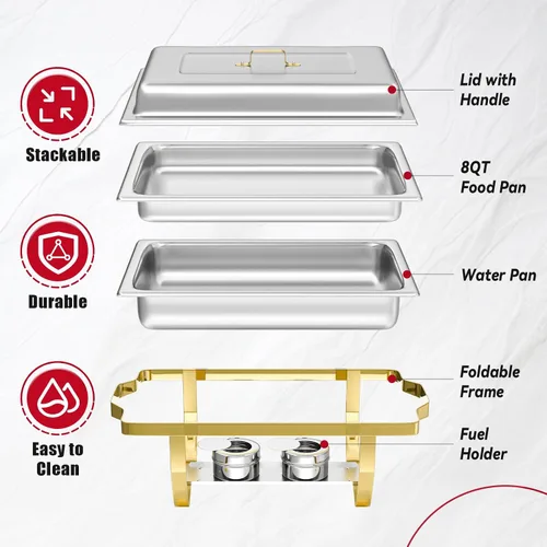 Miniatura 3 de IMACONE Juegos de Recipientes Calentadores de Buffet (Chafing Dish) de 2 Piezas, 8 Cuartos de Galón de Acero Inoxidable Rectangulares Chafers