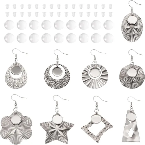 Miniatura 25 de FASHEWELRY 54Pcs Bandejas de bisel para pendientes de acero inoxidable en blanco Geometría rombos lágrima con cabujones de vidrio redondo de 12 mm