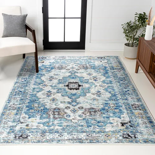 JONATHAN Y Alfombra moderna de estilo bohemio vintage con medallón crema/azul, de 4 x 6 pies, bohemio, tradicional, fácil de limpiar, para sala de