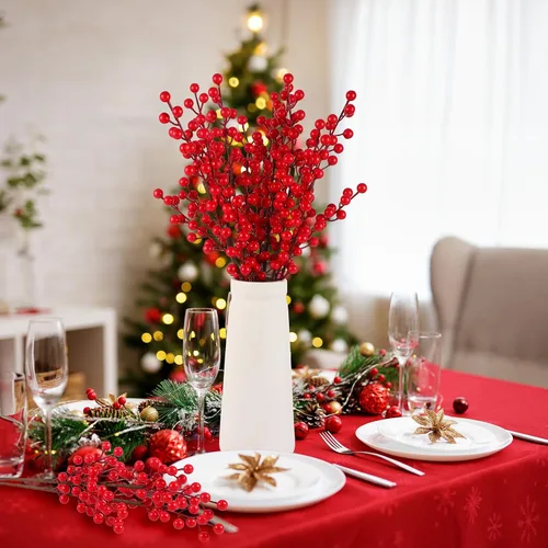 Miniatura 4 de 12 tallos de bayas de Navidad, púas de bayas artificiales de 20.5 pulgadas, púas de árbol de Navidad y aerosoles, ramas de bayas de acebo para Dorado