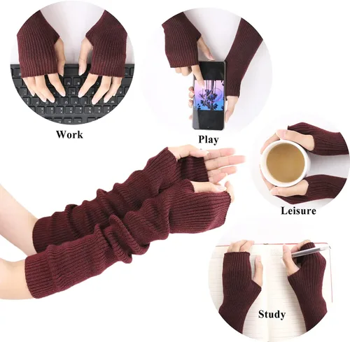Miniatura 9 de Facecozy Calentadores de brazos para mujer, mezcla de lana de cachemira, guantes largos sin dedos para mujer, guantes para clima frío con agujero