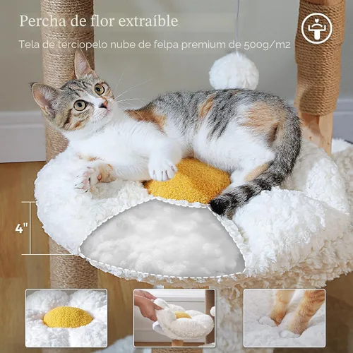 Miniatura 7 de PETEPELA Árbol Rascador Torre Moderno para Gatos Grandes con Percha de Flores, Postes Rascadores de Madera Maciza Natural, Árbol para Gatos Bohemio