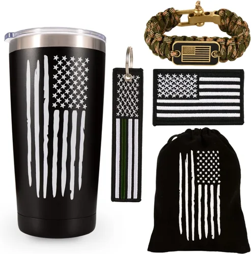 Vaso térmico y taza de café de viaje con bandera americana de 20 onzas para hombres, esposo, papá, regalos militares patrióticos únicos para el día