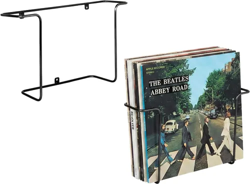 MyGift Paquete de 2 soportes de vinilo para montaje en pared, estante flotante para discos de vinilo, estantes de exhibición de pared de metal negro