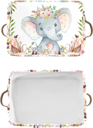 Miniatura 3 de Contenedor de almacenamiento personalizado de elefante floral rosa bohemio con nombre, impermeable, organizador de lona con asas, para cestas