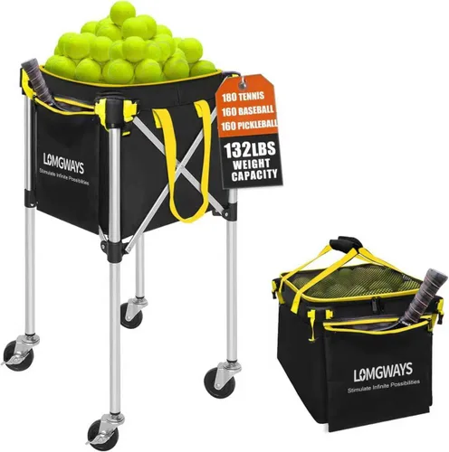 Pickleball Tennis Ball Hopper-Foldable Lightweight Tennis Cart Holds 180 Tennis/160 Pickleballs with Removable Bag,Wheels,Side Pocket for