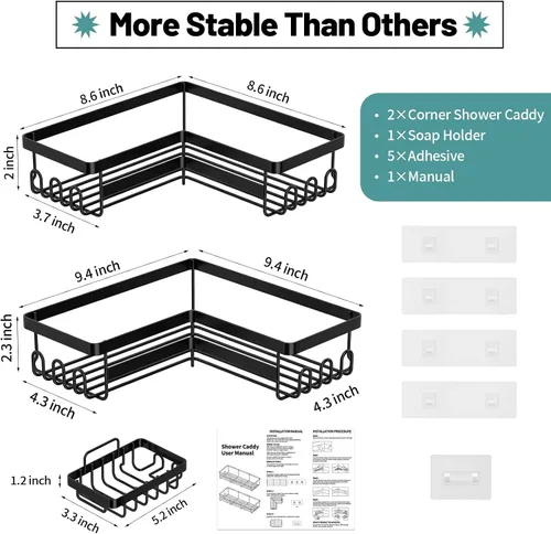 Miniatura 2 de StorageRight Organizador de ducha de esquina, paquete de 3 accesorios de baño adhesivos con soporte para jabón, estante organizador de ducha