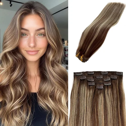 Miniatura 26 de Extensiones de cabello rubio ceniza con reflejos, extensiones de cabello humano real con clip, de 12 pulgadas, 2.47 onzas, doble trama, invisible