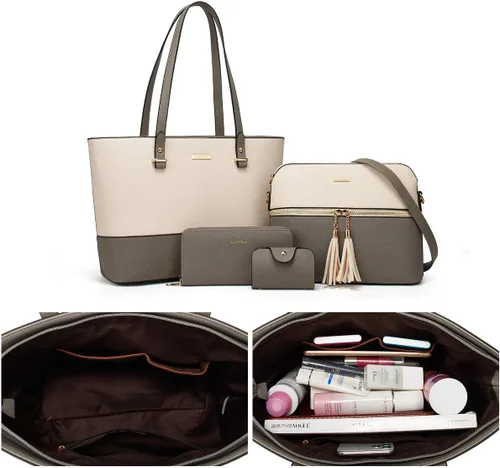 Miniatura 142 de Juego de 4 bolsas modernos para mujer de cuero sintético: bolso tote, bolso de hombro, bolso de mano y cartera.