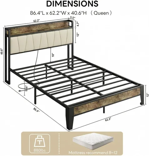 Miniatura 2 de LIKIMIO Base de cama tamaño Queen, cabecera de almacenamiento con estación de carga, sólida y estable, sin ruido, no necesita somier, fácil montaje
