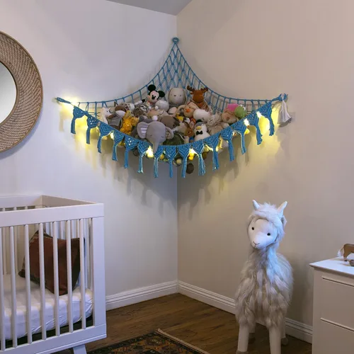 Miniatura 3 de ABBY BABY Hamaca de almacenamiento para animales de peluche extra grande con luces LED en la esquina – Red colgante para juguetes con capacidad