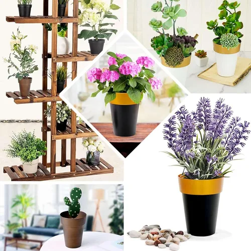 Miniatura 5 de Efavormart - Paquete de 2 macetas decorativas para interiores y jardines con borde blanco y dorado de 6 pulgadas
