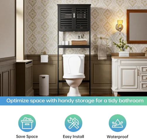 Miniatura 9 de SMIBUY Gabinete de Almacenamiento para Baño sobre el Inodoro, Organizador de Gabinete de 2 Puertas de Bambú, Estante de Inodoro Independiente
