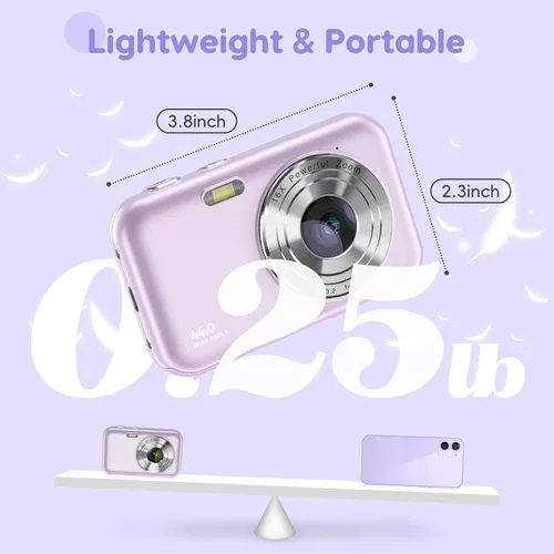 Miniatura 6 de Cámara púrpura para niños, FHD 1080P, 44MP, zoom 16X, compacta, portátil con tarjeta de 32G y 2 baterías, regalo para niñas, niños, estudiantes