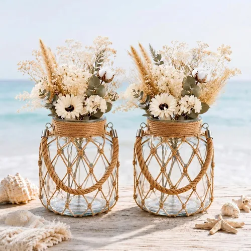 Sabary Juego de 2 jarrones de cristal de mimbre con flores secas, decoración costera para mesas de boda, hogar, rústico, colgante, tarro de masón,