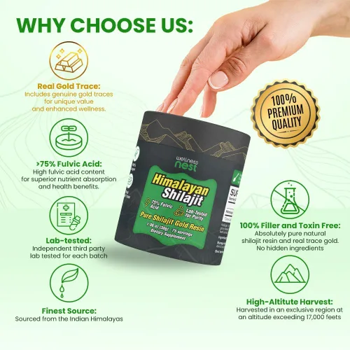 Miniatura 3 de Wellness Nest Resina de Shilajit Puro del Himalaya de Grado Oro: Potencia Máxima para Hombres y Mujeres - Oro 24k, Ácido Fúlvico +75%, Informe