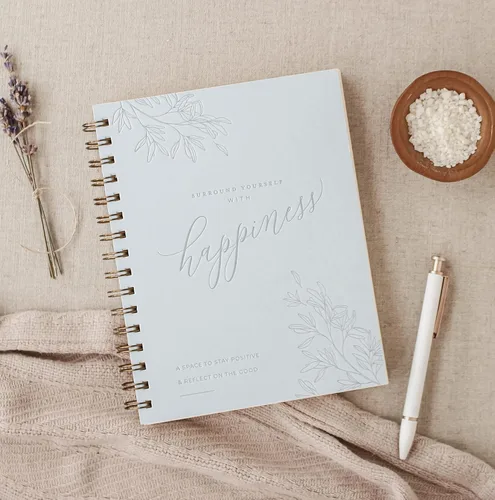 Diario guiado de felicidad para mujeres; manifiesta crecimiento personal en 5 minutos al día; diario Larkspur Blue Surround Yourself with Happiness