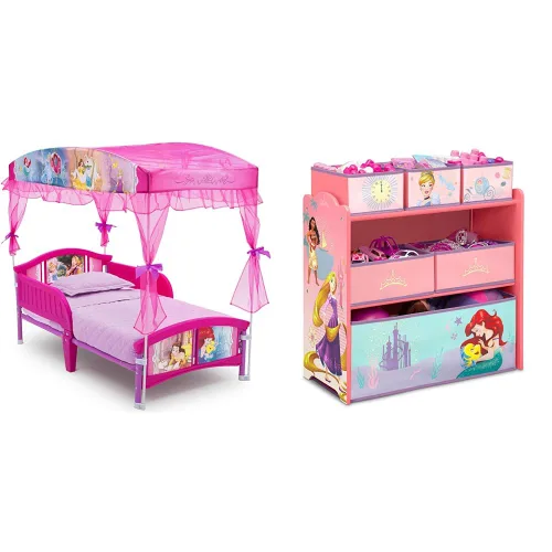 Delta Children Cama Infantil con Dosel, Princesa de Disney y Organizador de Almacenamiento de Juguetes Diseño y Almacenamiento de 6 Compartimientos,