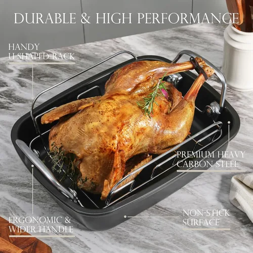 Miniatura 2 de KITESSENSU Sartén antiadherente para asar pavos con estante de 17 x 14 pulgadas, sartén grande para asar pollo para horno, asas más anchas