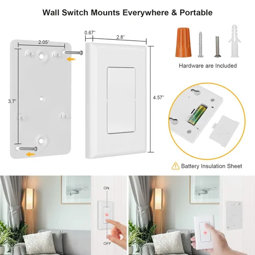 Miniatura 6 de SURAIELEC Interruptor de luz remoto inalámbrico, sin cableado, sin WiFi, rango de RF de 100 pies, preprogramado, kit de interruptor de pared