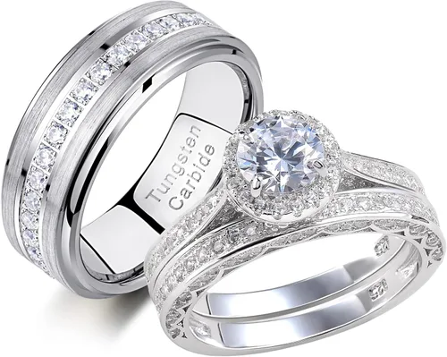 Newshe Jewellery Juego de anillos de boda para él y para ella, bandas de tungsteno AAAAA, circonita redonda, 3 quilates, plata de ley 925, tamaño