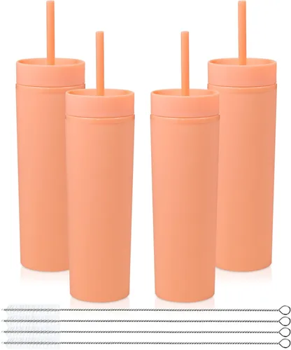 Miniatura 19 de Volhoply Vaso delgado de plástico de 16 onzas con tapa y pajita, paquete de 4 unidades, vasos aislados de doble pared de acrílico mate, sin BPA
