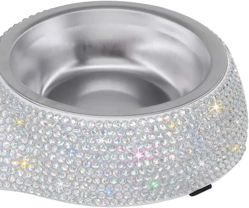 Miniatura 5 de SAVORI Cuencos pequeños para perros, hechos a mano con diamantes de imitación brillantes de acero inoxidable para mascotas, comedero doble de AB
