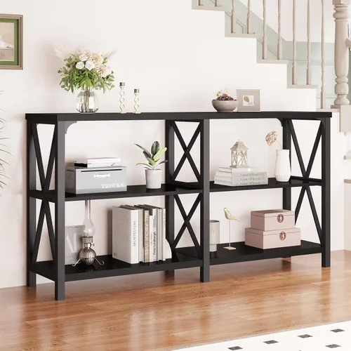 Miniatura 5 de LVB Mesa Consola Negra, Mesa de Entrada Moderna con 3 Niveles de Estantes de Almacenamiento, Mesa de Sofá Industrial Detrás del Sofá para Sala