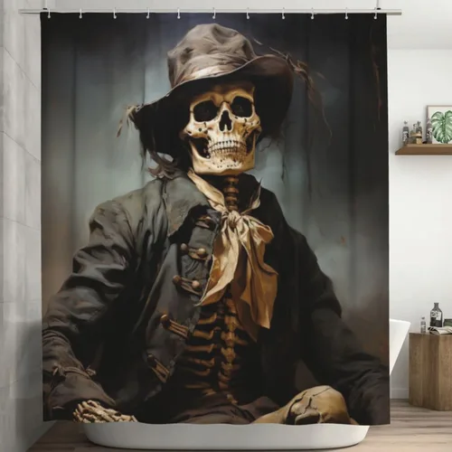 YLATY3387 - Cortina de ducha de traje negro con calavera para baño, divertido juego de cortina de ducha de esqueleto hippie bohemio, tela de pintura