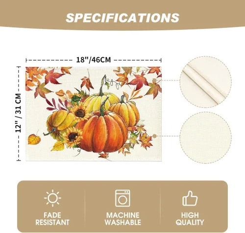 Miniatura 5 de Artoid Mode Juego de 2 manteles individuales de otoño con diseño de calabazas, hojas de arce, girasol, 12 x 18 pulgadas, manteles individuales
