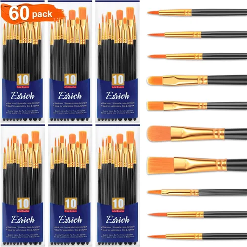 Juego de pinceles de pintura ESRICH, 6 paquetes de 60 unidades, cerdas de pelo de nailon para pintura acrílica, pinceles de artista para pintura