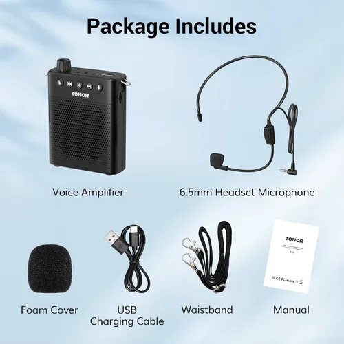 Miniatura 8 de TONOR Amplificador de voz portátil para profesores, mini sistema recargable con micrófono de auriculares con cable de 39.4 in/3 pies y cintura
