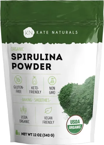 Kate Naturals Polvo de espirulina orgánica. Suplemento superalimento denso en nutrientes (12 onzas, certificado por USDA, sin OMG, sin gluten)