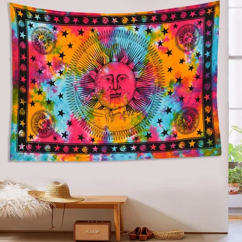 Miniatura 3 de ANJANIYA Tapiz de mandala de teñido anudado, celestial, sol, luna, estrella, planeta, bohemio, tarot, tapiz bohemio para colgar en la pared